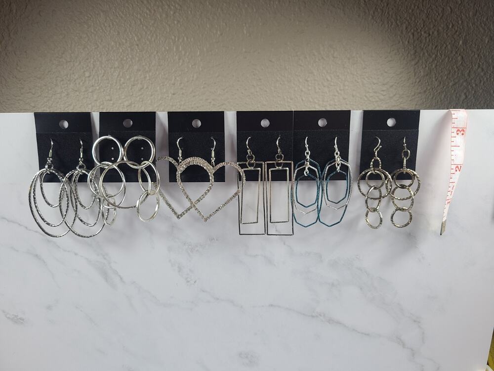 Lot of 6 Pairs Silver Tone Geometric Hoop Heart Dangle Pierced Earrings